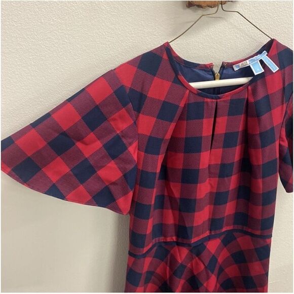 DRAPER JAMES | red navy blue tartan plaid fit and flare short sleeve dress 4 - Picture 3 of 9